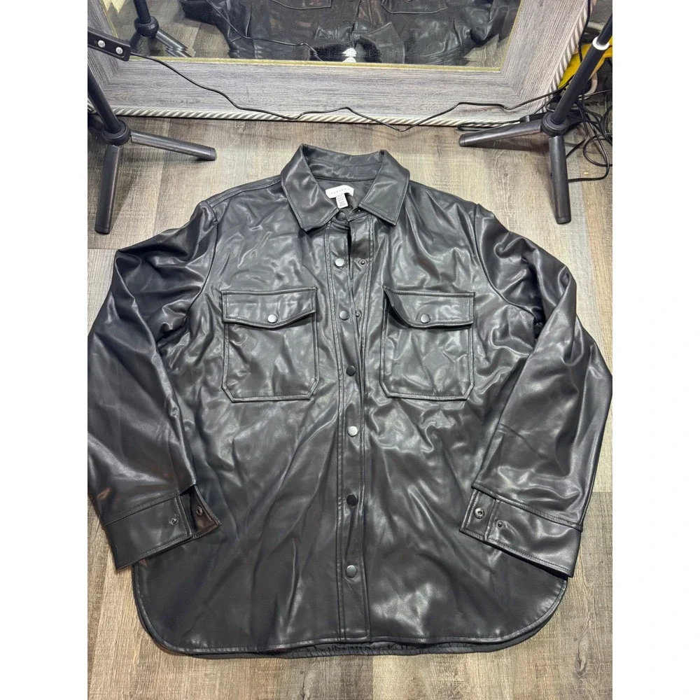 Topshop Black Faux Leather Shacket Oversized Button Front Shirt Jacket Womens M
